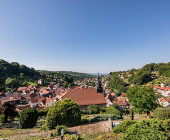 Landschaftsaufnahme mit Blick auf die Barockkirche und das Bergdorf Steinbach